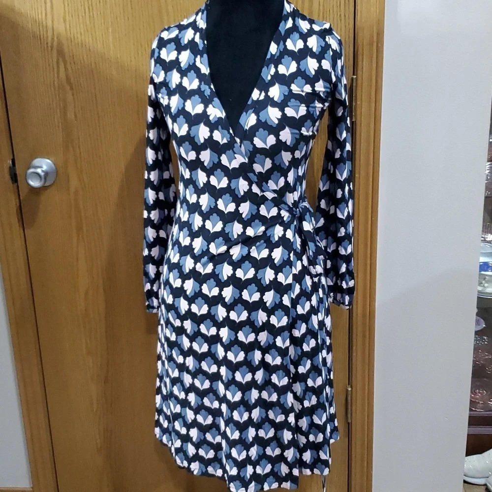 Boden pink grey patterned wrap dress long sleeve